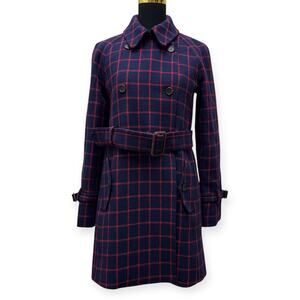 J. Crew Navy Red Plaid Belted Wool Blend Trench Coat Double Breasted Size 4